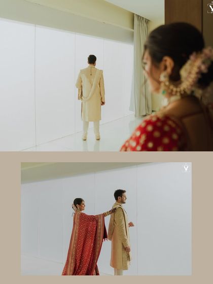 A minimalist and modern first look against a clean white backdrop. The sequence captures the bride's approach and the groom's reaction in a beautifully simple and artistic way.