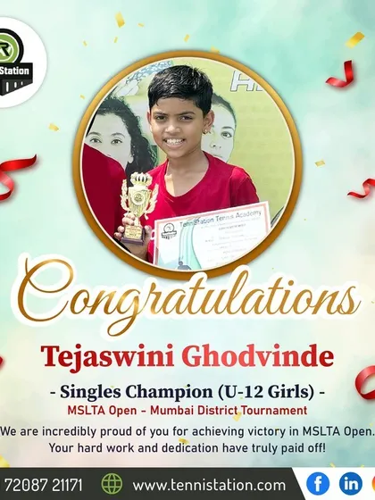 A huge congratulations to Tejaswini Ghodvinde, the Singles Champion (U-12 Girls) at the MSLTA Open Mumbai District Tournament. Your hard work has paid off!