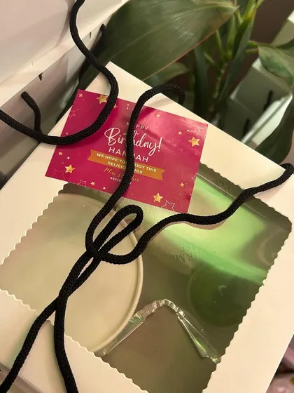 Another view of my custom birthday meal boxes. The window allows a sneak peek of the delicious treats inside.