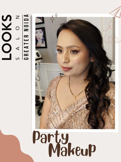 This is a great example of a soft and elegant party makeup look. I used neutral tones on the eyes, a subtle winged liner, and a warm nude lipstick, paired with soft curls for a timelessly beautiful result.