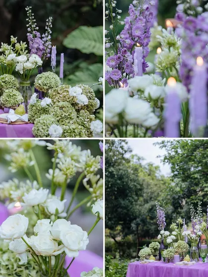 A collage of the romantic purple and green floral arrangements and candlelit details from a tablescape.