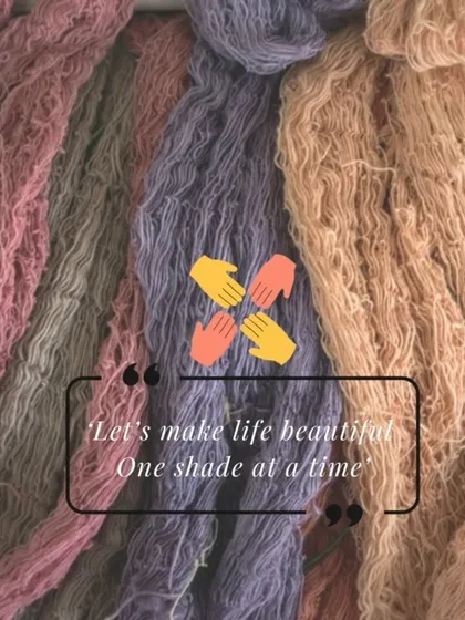 "Let's make life beautiful, one shade at a time." This image of naturally dyed yarn skeins captures the essence of my work: creating beauty that is gentle on the planet.