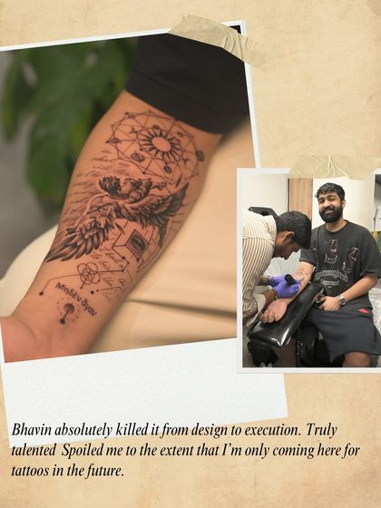 "Bhavin absolutely killed it from design to execution. Truly talented." A happy client showing off his new, intricate forearm piece.