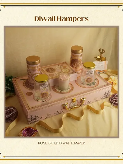 The 'Rose Gold' Diwali Hamper. This luxurious set features a beautifully designed box and matching jars, perfect for gifting premium treats during the festive season.