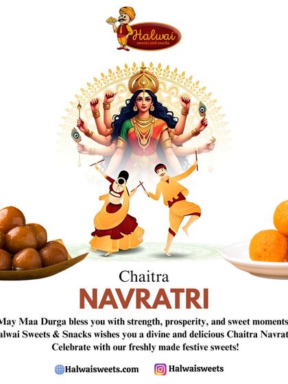 Wishing you a blessed Chaitra Navratri. Celebrate with our freshly made festive sweets like Gulab Jamun and Motichoor Ladoo, perfect for your divine offerings.