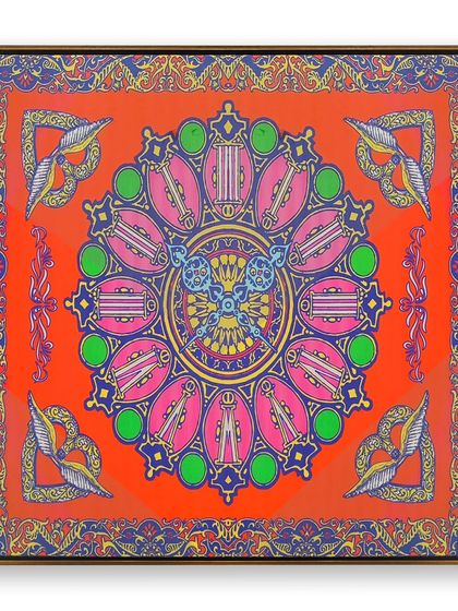 A vibrant, patterned scarf transformed into a stunning piece of wall decor. I used a floater frame style, which makes the scarf appear to hover within the frame, showcasing its intricate design and brilliant colors.