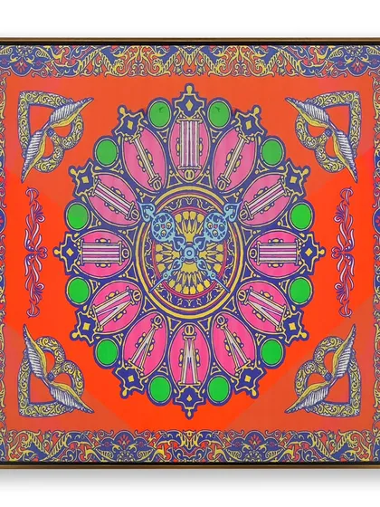 A full view of the beautifully framed scarf. The floater frame style allows the textile's colors and patterns to take center stage, transforming it from an accessory into a captivating art piece.