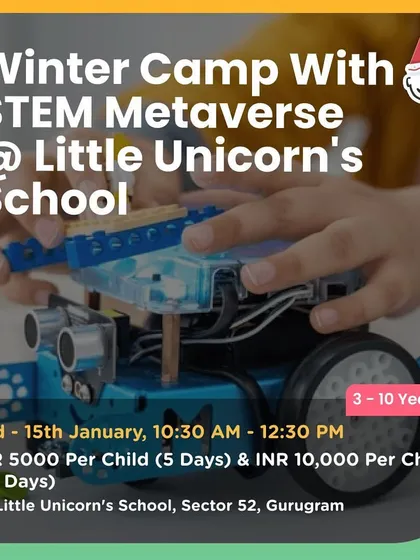 A Winter Camp with STEM Metaverse at Little Unicorn's School, offering 5-day and 10-day options for kids aged 3-10.
