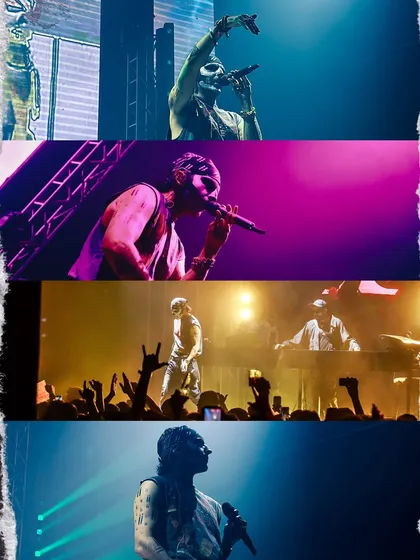 A multi-panel collage showcasing the different lighting setups and moods from Talwiinder's concert, from purple and yellow to dramatic blue.