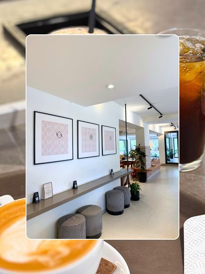 A creative collage showing different angles of the cafe, from the artwork on the walls to a close-up of our lattes and iced coffees.