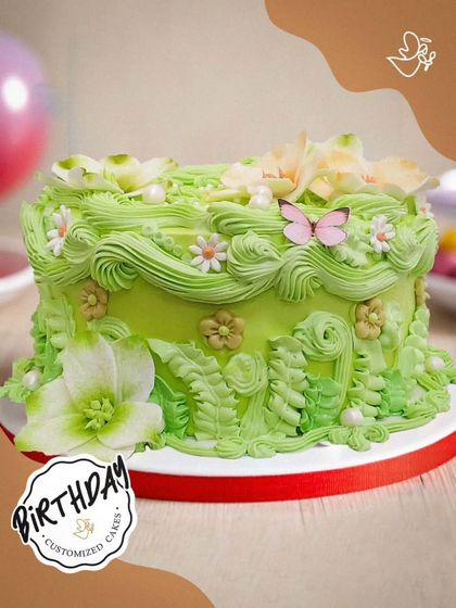 We made Utsavi's birthday wish for a blossoming cake come true. This garden-themed cake, delivered to Jor Bagh, features detailed buttercream foliage, flowers, and a sweet butterfly.