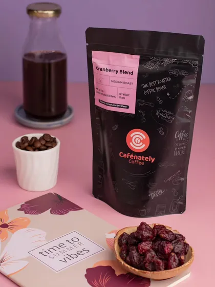 Product styling for Cafenately's Cranberry Blend coffee. We created a summer vibe with a clean, bright setup to highlight the product's unique flavor profile.