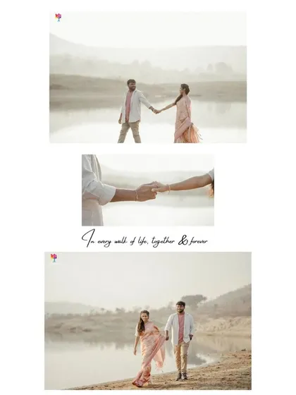 A three-panel story from a vintage-themed shoot by the lake, showing the couple walking together and a close-up of their hands.