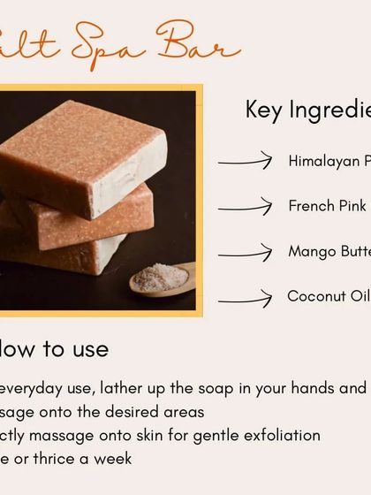 An educational graphic on our Salt Spa Bar. It highlights key ingredients like Himalayan Pink Salt and Mango Butter, with instructions for use.