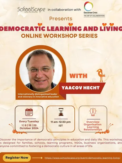 A visually engaging poster for the "Democratic Learning and Living" online workshop series, highlighting the key themes of each session.