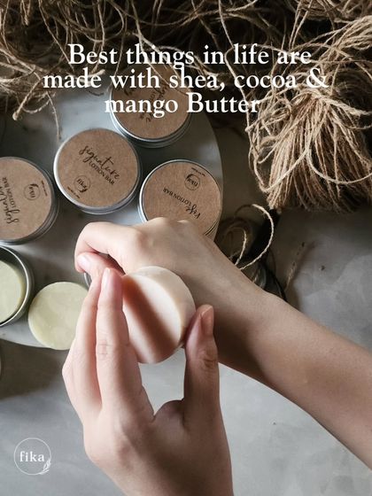 The best things in life are made with shea, cocoa, and mango butter. Here I am applying my solid lotion bar, which glides on like silk to provide a protective barrier against dryness.