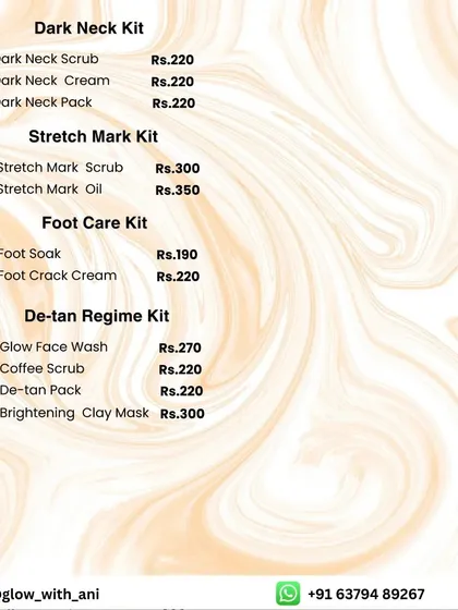 This menu shows my kits for targeted body concerns. You can find sets for a Dark Neck, Stretch Marks, Foot Care, and a complete De-tan Regimen.
