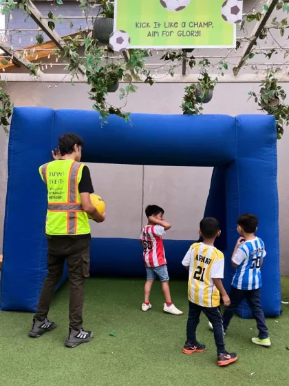 Action shot from the football party. Our inflatable goal is perfect for penalty shootout games, and our team members are always on hand to help organize the activities and ensure everyone has a great time.