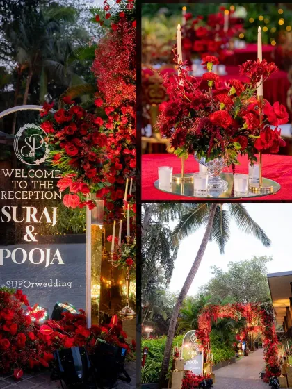 Every detail of the reception, from the floral centerpieces to the welcome signage, was tied together with the romantic red rose theme.
