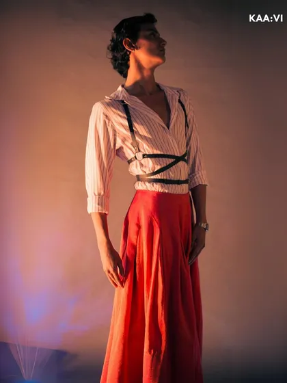 A different pose from the same creative shoot, showing the versatility and artistic potential of the styled look.