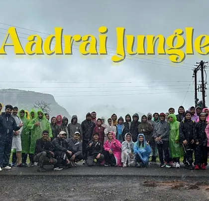 The entire Aadrai Jungle trek group, undeterred by the rain and ready for an adventure.