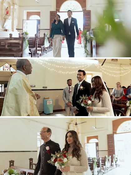 A collage from a Catholic church wedding. It captures the bride walking down the aisle with her father and the couple standing at the altar, ready to exchange their vows.