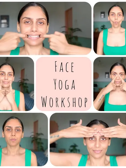 A collage from my Face Yoga workshop, showcasing various exercises that tone and rejuvenate facial muscles. These techniques combine massage, acupressure, and targeted movements to promote circulation and a natural, youthful glow.