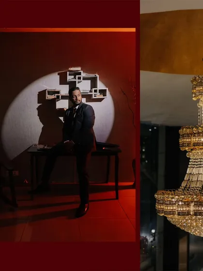 A creative diptych showing the groom in a spotlight and a detail shot of the venue's grand chandelier.