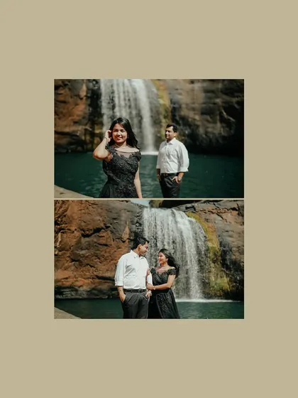 Two views of a love story by the Kalmandavi waterfall in Jawhar. This collage shows both a candid interaction and a classic portrait against the beautiful scenery.