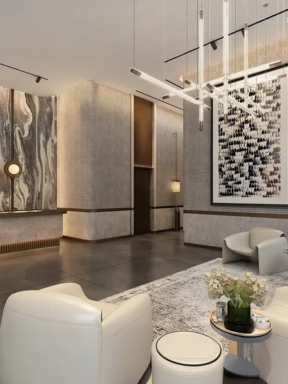 At the threshold of this state-of-the-art commercial tower, the entrance, reception, and lounge areas are sculptural statements. High ceilings paired with curved monolithic columns create a spatial rhythm that commands presence yet invites stillness.
