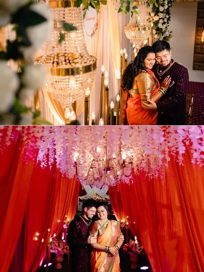 This two-part image showcases the couple in different lighting, highlighting my versatility. The top is a warm, classic portrait with chandeliers, while the bottom uses dramatic red lighting for a more passionate feel.
