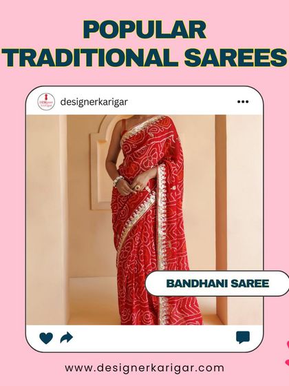 The vibrant Bandhani saree is perfect for festive occasions. This red tie-dye saree with a gota patti border is a beautiful example of traditional Rajasthani craftsmanship.
