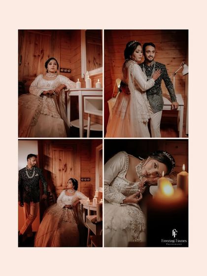 A four-panel collage of a couple's candlelit reception shoot, creating a cozy and romantic atmosphere.