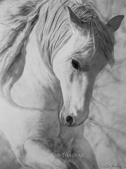 "Zeal," my first work of 2023, is a 40 by 46 inch charcoal and graphite drawing of a white horse. This piece embodies freedom and nobility, reflecting my special affinity for these majestic animals.