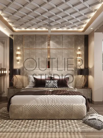 Imagine waking up in a space that feels like a perfect blend of timeless elegance and modern sophistication. This master suite features a plush upholstered headboard, a coffered ceiling, and a cozy seating nook by the window.