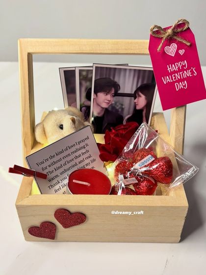 A close-up of the Valentine's basket, showing the "Happy Valentine's Day" tag. Every detail is carefully chosen to make your special someone feel loved.