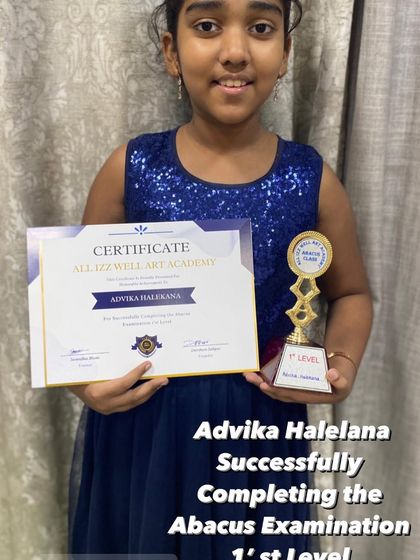 Advika Halelana celebrating the successful completion of her Abacus 1st level examination. Well done, Advika!