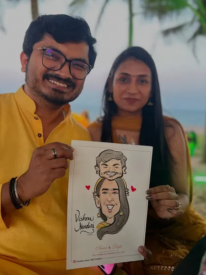 A lovely couple captured at a beachside event. The warm smiles and relaxed setting made for a truly joyful caricature.