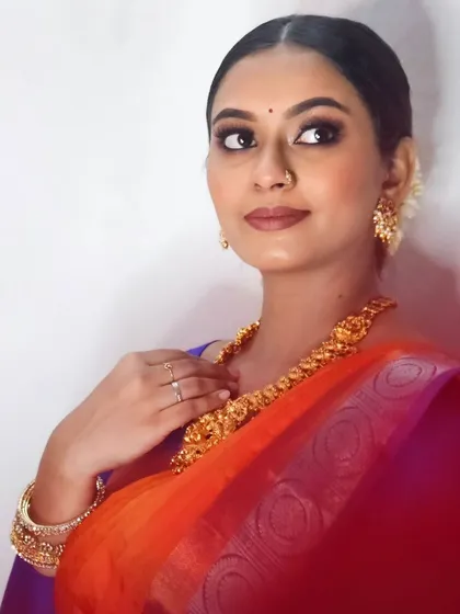 Another angle of the elegant self-makeup look I created. The focus is on the eyes and the beautiful traditional jewelry.