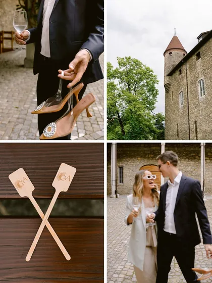 A collage of details from their day in Switzerland. The shoes, the castle, the custom stirrers, the happy couple. It’s the little things that tell the big story.
