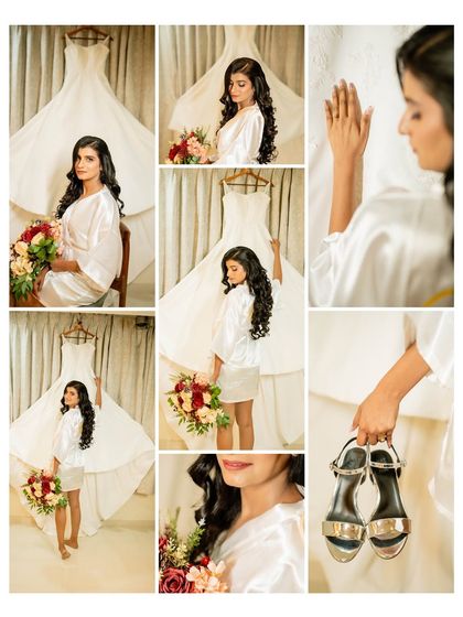 A collage of the bride getting ready. It includes portraits with her dress, holding her shoes, and quiet moments of reflection, telling the full story.