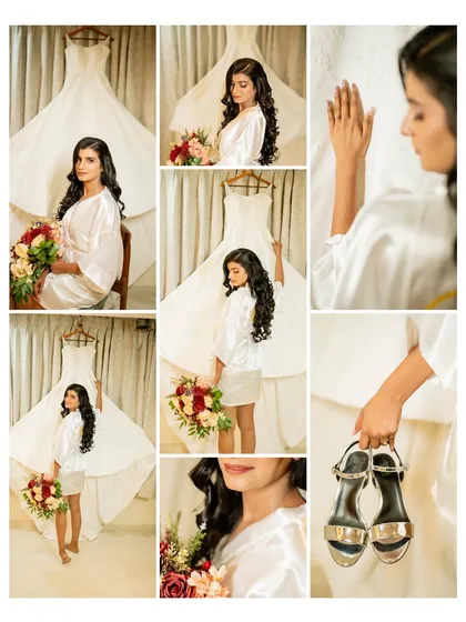 A collage of the bride getting ready. It includes portraits with her dress, holding her shoes, and quiet moments of reflection, telling the full story.