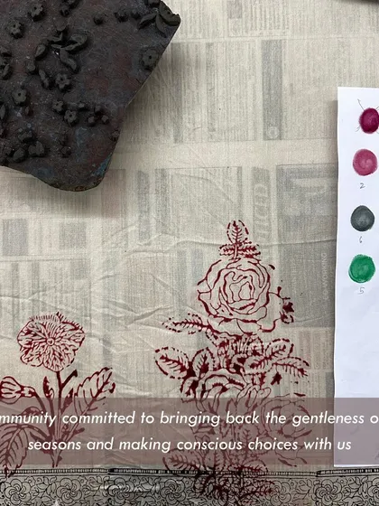 'Songs of a Vintage Spring' is our debut saree collection with the label Dhi. It is a celebration of sustainable craft, using 70+ year old teak blocks from our archive to create wearable art that tells a story of Bangalore's seasons.