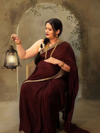 A creative fine art portrait of an expecting mother in a saree, holding a vintage lantern. Using unique props like this can add a touch of storytelling and personality to your maternity photos.