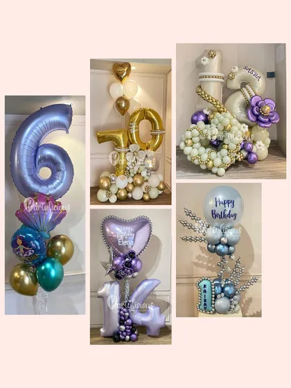 A collage showcasing our versatile birthday number setups. From a simple number '6' to an elaborate '21' or '14', we can customize the age, colors, and theme to make any birthday milestone shine.