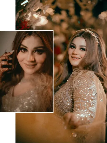 A collage of Gurbani's portraits, highlighting her radiant makeup and the intricate details of her shimmering gown.