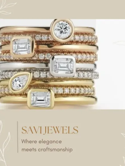 Redesigning allows for creativity with different diamond cuts. This stacked ring set was created using a client's existing stones, including emerald, pear, and round brilliant cuts, set in a mix of yellow and white gold for a modern, personal piece.