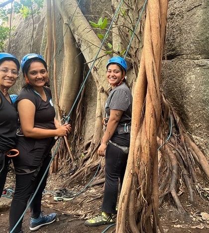 Three new climbers from our all women led workshop, geared up and ready to learn. We focus on creating a comfortable space where everyone feels empowered to try something new and support each other.