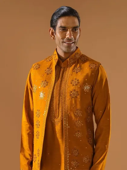 A smiling model wears the mustard-yellow embroidered jacket, showcasing its cheerful color and intricate detailing. This is a perfect look for any festive daytime event.