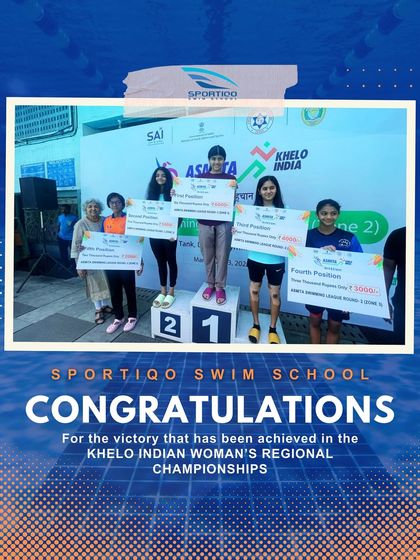 Our swimmers on the podium at the Khelo India Women's Regional Championships, celebrating a successful team performance.